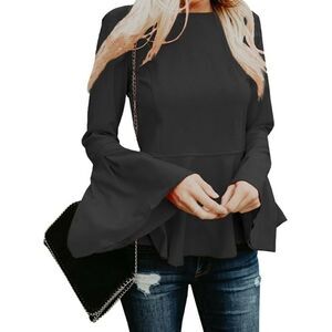 Boohoo Flare Sleeve Flounce Hem Black Blouse M